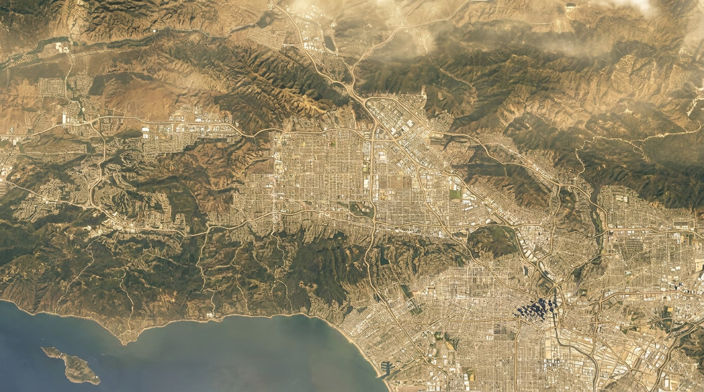 Aerial view of the San Fernando Valley and Los Angeles, from the Santa Susana mountains to the coast