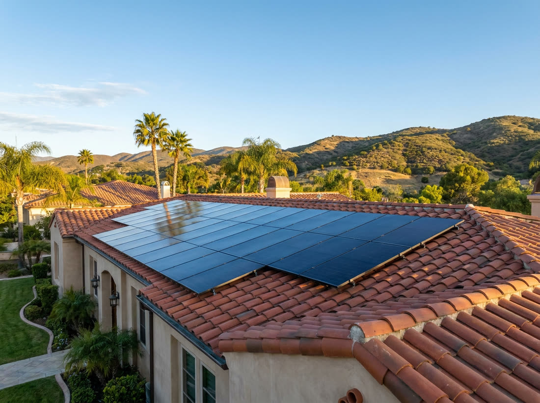 Clean solar panels on a tile roof under blue sky